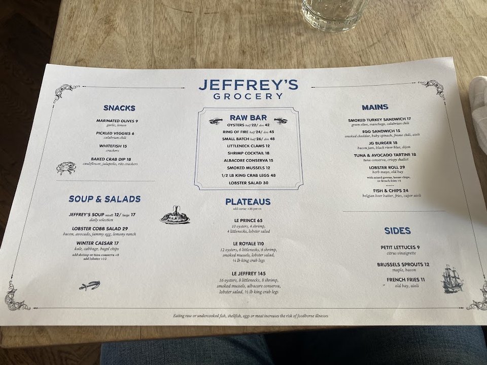 Menu layout with burgers, shrimp cocktail, and salad